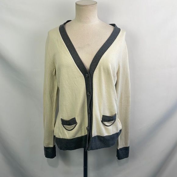 J. McLaughlin Sweaters - J Mcloughlin Cream With Gray Trim Chain Trim Cardigan